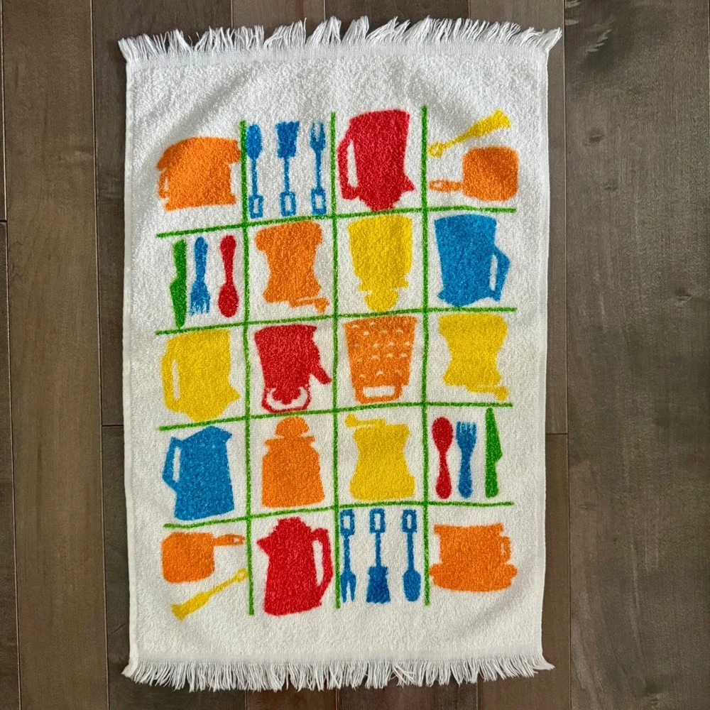 Vintage Mid Century Modern Kitchen Gadgets Terry Cloth Hand Towel Fringe Multi